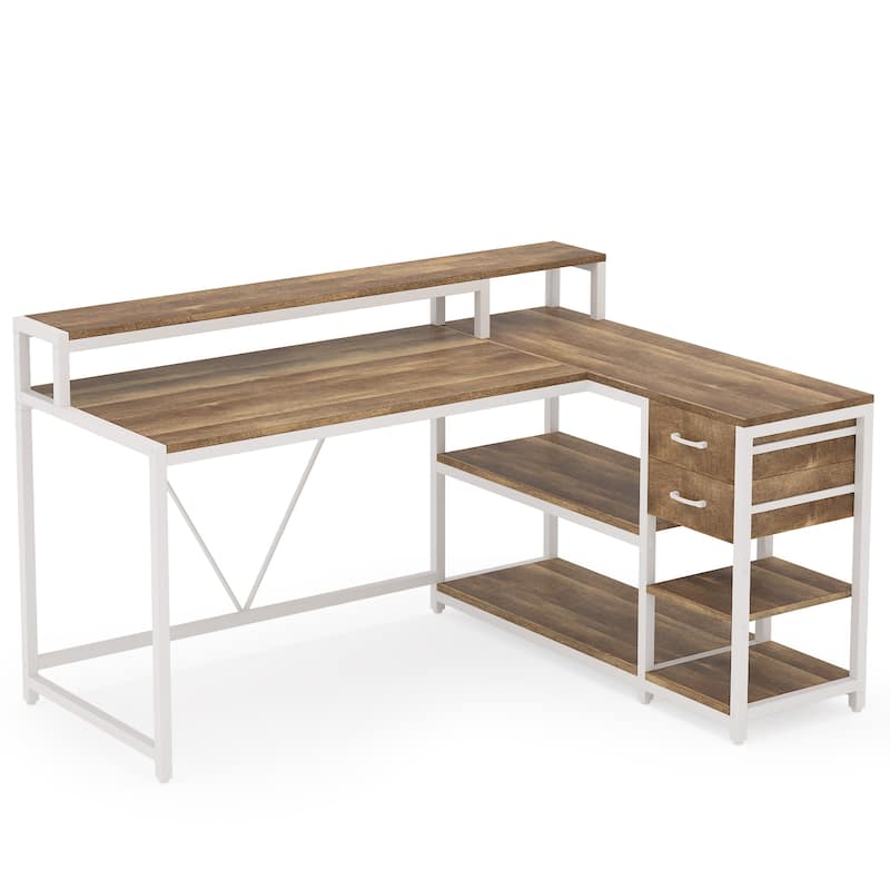 55-Inch L-Shaped Home Office Desk with Monitor Riser, Drawers Storage Shelves Beige & White Finish