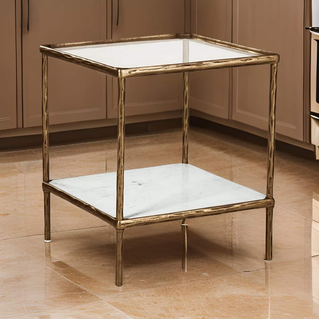 Dalie 25 Inch Accent Table, Square Glass Tabletop, Marble, Antique Gold