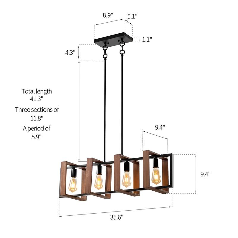 4-Light Black/Brown Kitchen Island Pendant, Modern Rustic Style