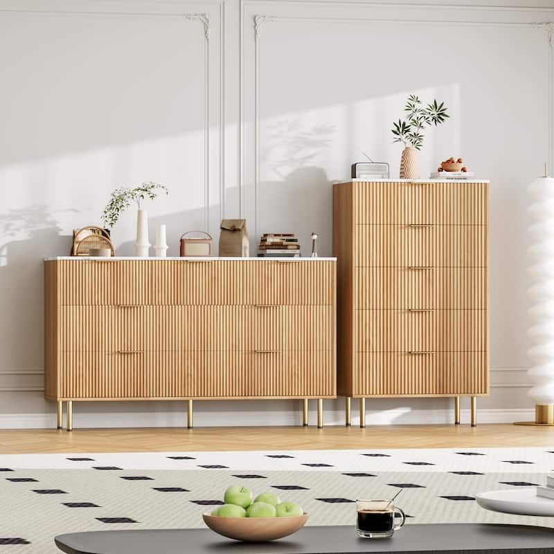 5 Drawer Fluted Dresser for Bedroom, Modern Wooden Storage Chest with Gold Handles
