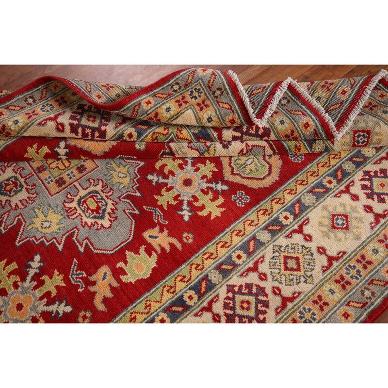 Red Geometric Kazak Area Rug Handmade Traditional Oriental Wool Carpet - 4'10" x 6'8"