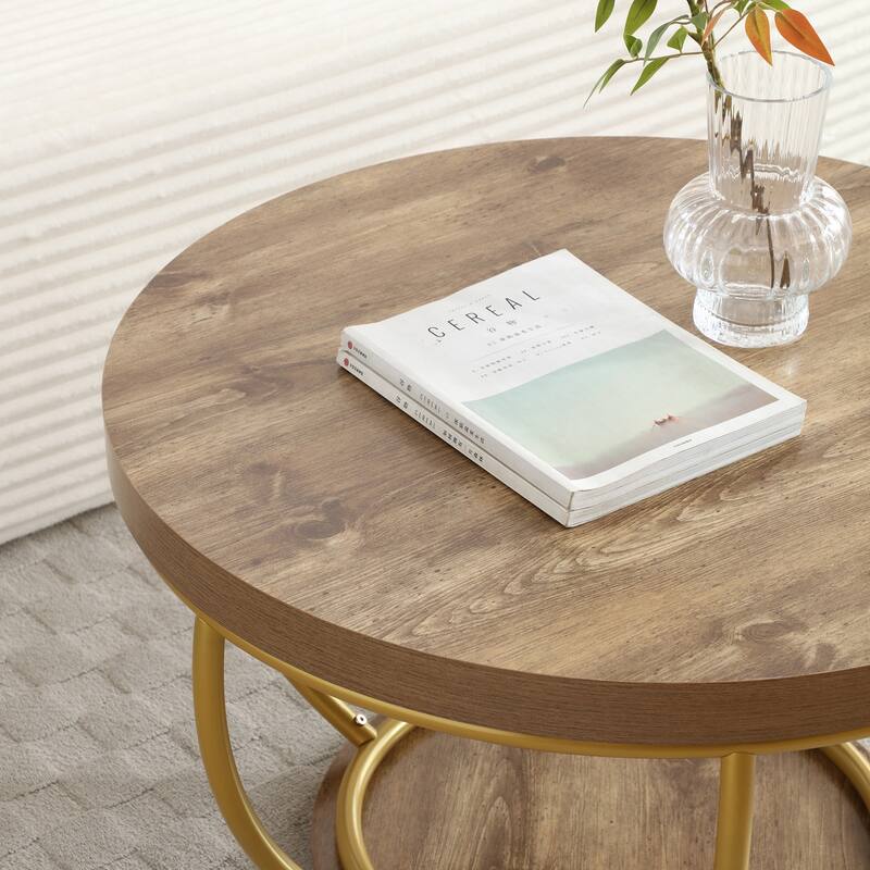 31" Round Industrial Coffee Table with 2-Tier Storage Shelves, Modern Wood & Golden Metal Accent Center Table