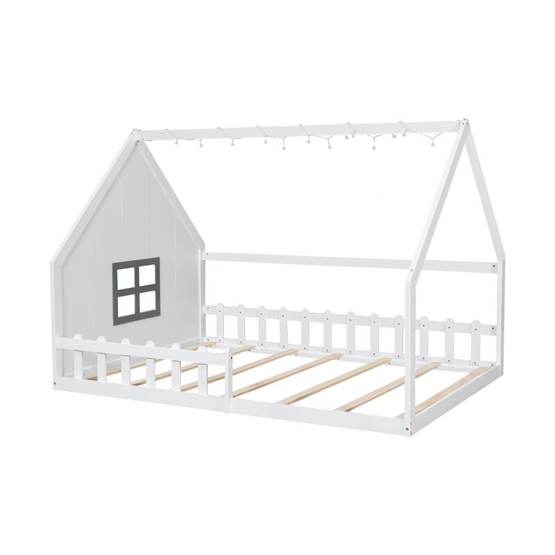 Full Size Wood House Bed With Window And Fence