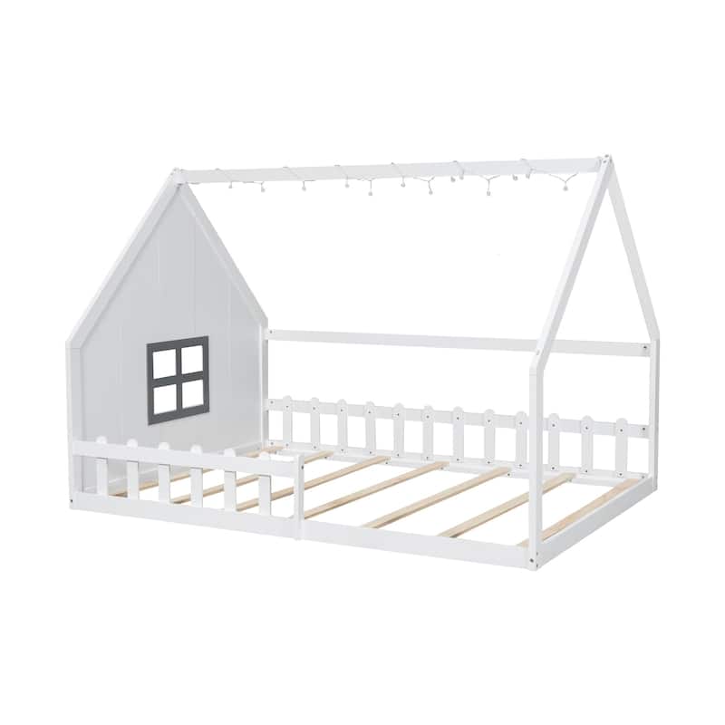 Full-Size Wood House Bed with Window and Fence, Full Bed Frame