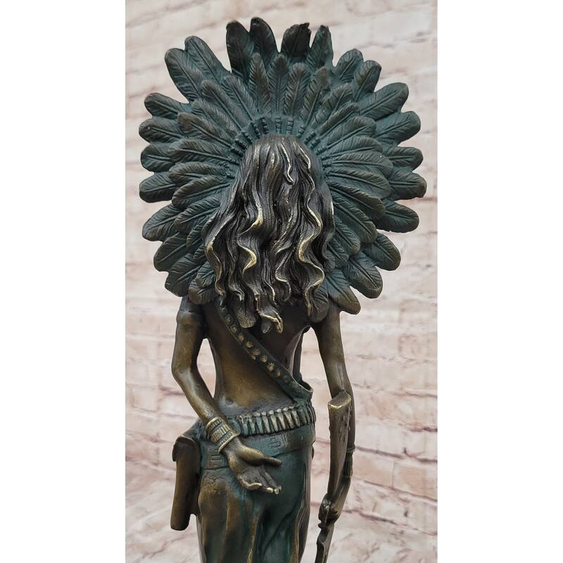Native American Indian Female Warrior W/ Feathered War Bonnet Bronze Figure Sculpture Statue