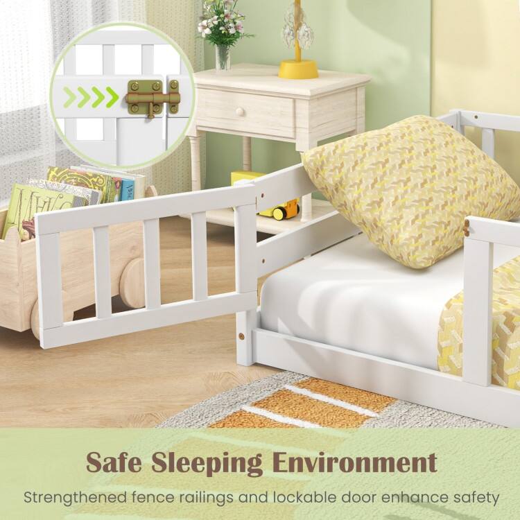 Twin Size Kids Wood Montessori Floor Bed with Door and Fence