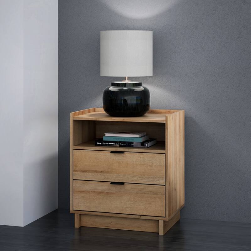 Prepac Simply Modern Nightstand Bedside Table, Natural Oak Nightstand for Bedroom, End Table with 2 Drawers and Open Shelf