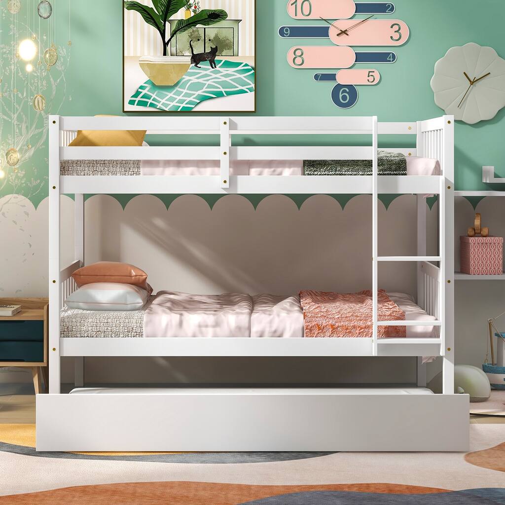 Convertible Twin Over Twin Solid Wooden Bunk Bed with Trundle