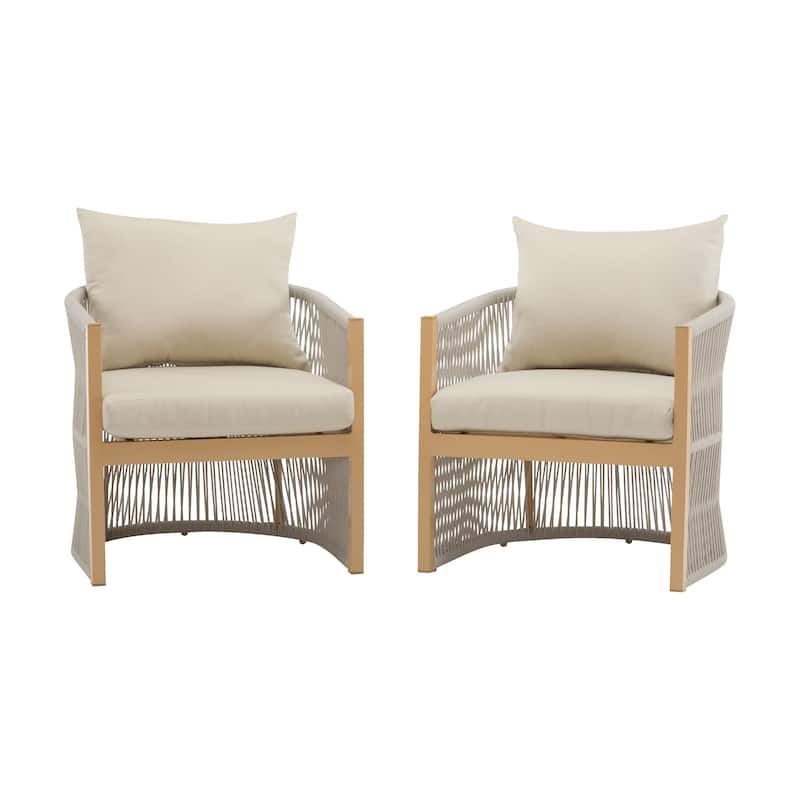 [Set of 2] Modern Beige Curved Aluminum Lounge Chair w/ Stylish Rope-Weave Design & Cushioned Comfort for Backyard, Poolside