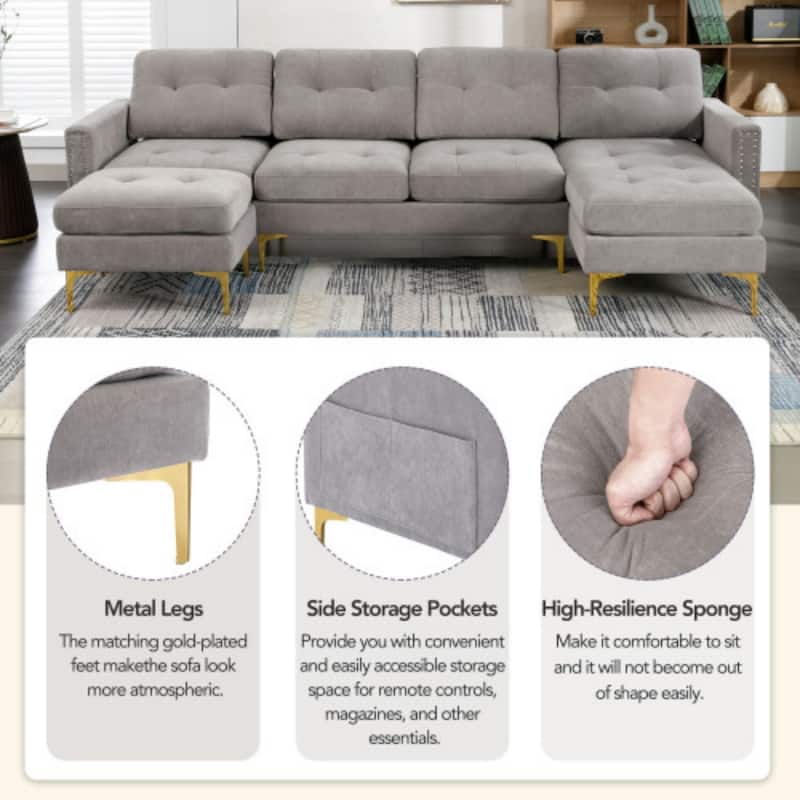 U-Shape Convertible Sectional Sofa with Movable Ottoman and Gold Metal Legs