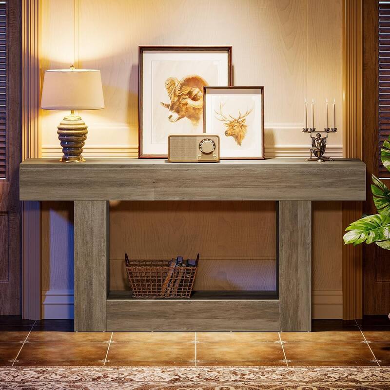 63 Inches Brown and Gray Narrow Long Wood Console Table for Entryway