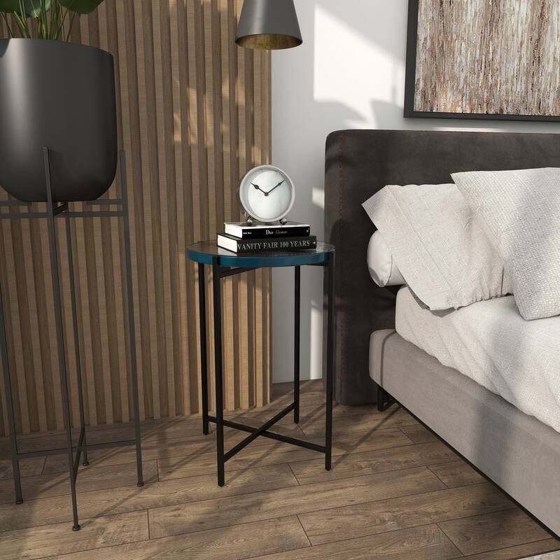 Gold or Black Metal X-Shaped Side End Accent Table with Textured Glass Tabletop