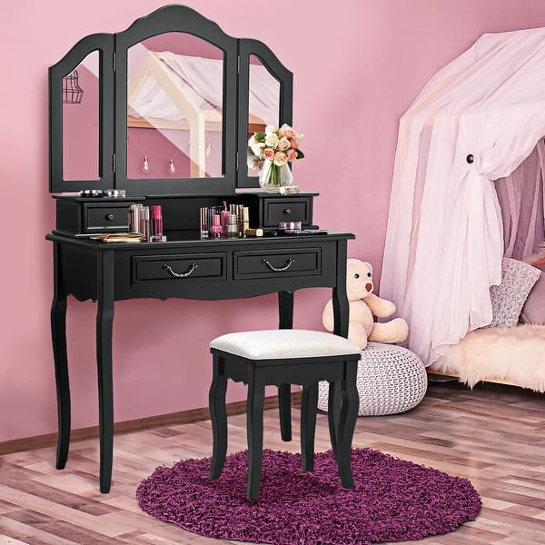 Shop Gymax Vanity Set Makeup Table Dresser Tri Folding Mirror 4