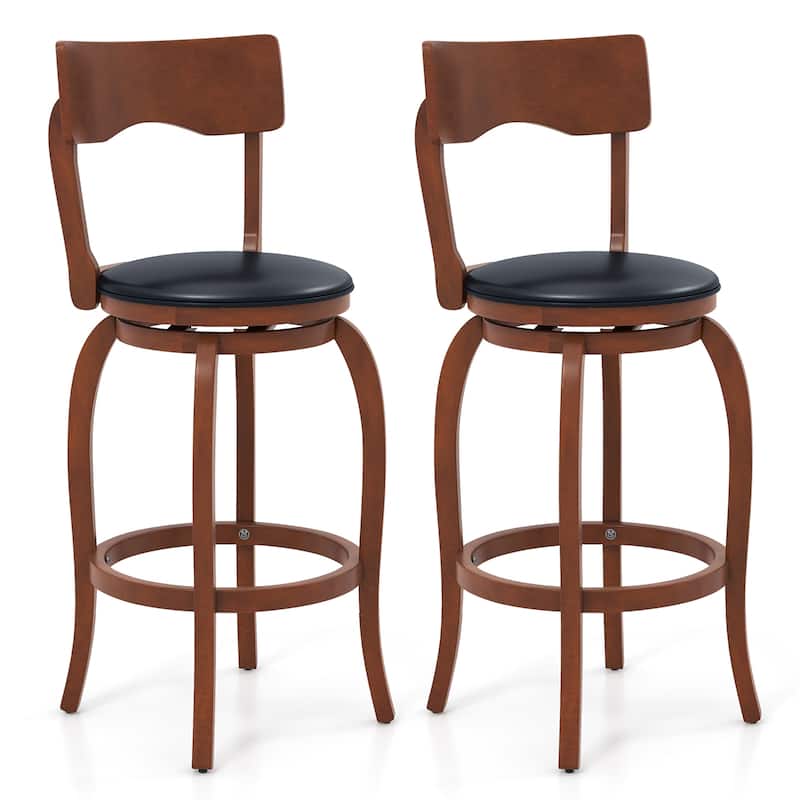 Gymax 29'' Swivel Bar Stools Set of 2 w/ Rubber Wood Frame Upholstered - Bar Height - Brown, Black - Set of 2
