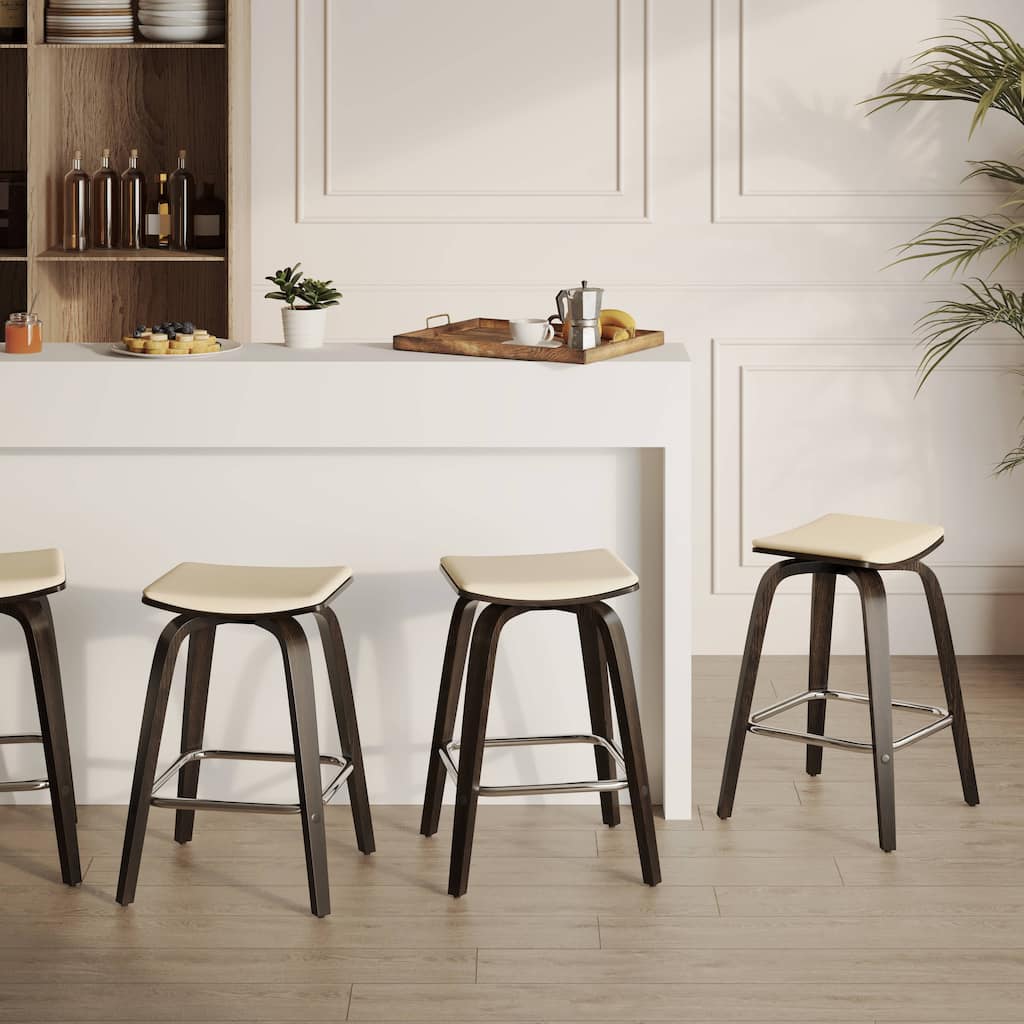 Leather Counter Stool Swivel Square Seat Poplar Wood Frame Iron Foot Rest