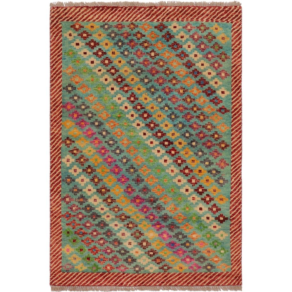 Boho Chic Balochi Owen Blue/Red Hand Knotted Wool Rug - 3'4'' x 5'0''