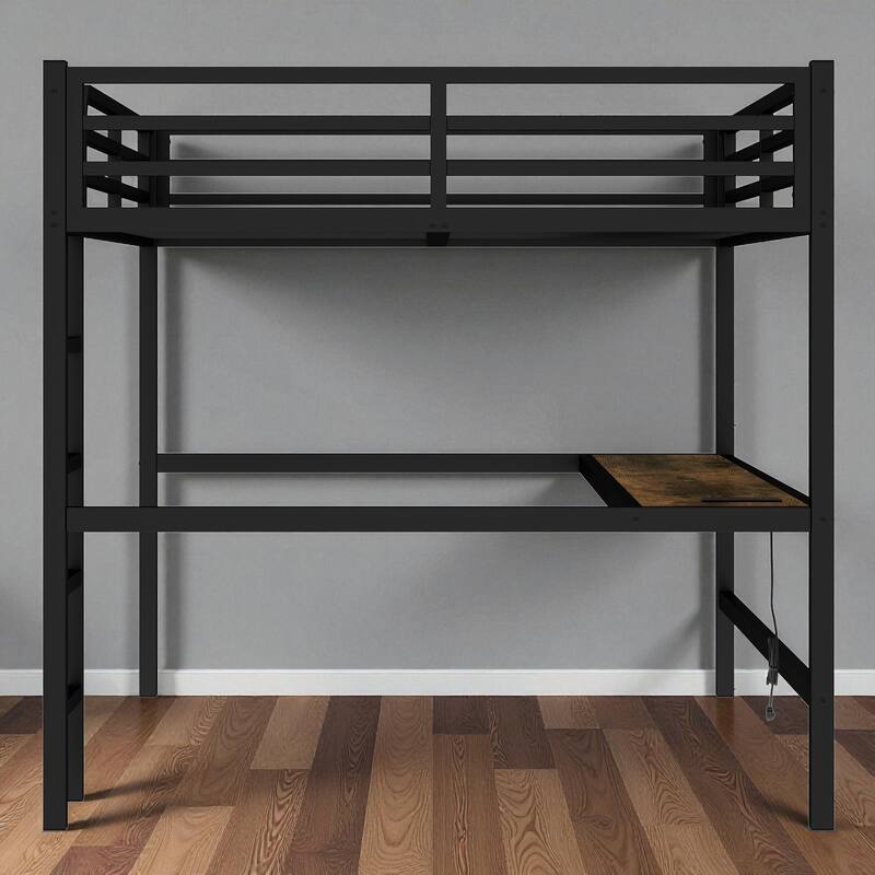 Metal Queen Size Loft Bed with Desk, Power Outlet & LED Lights, Space-Saving Noise-Free Frame with Guardrails