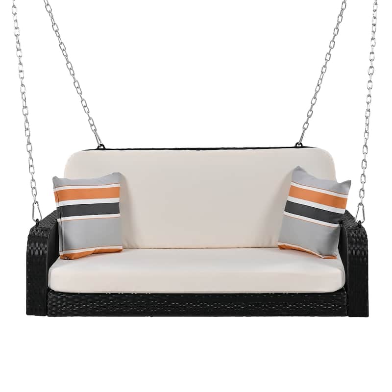 2-Seater PE Wicker Porch Swing Hanging Bench with Chains