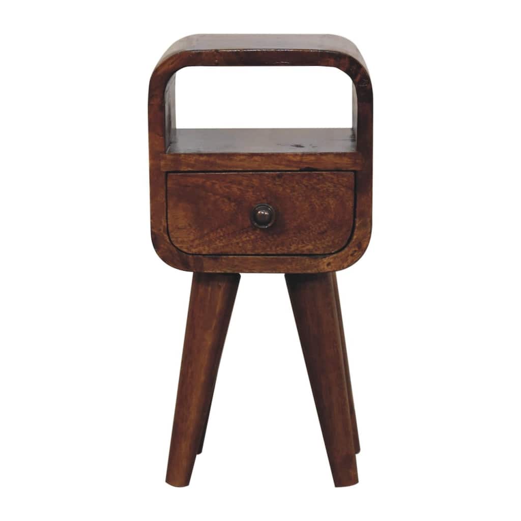 Compact Chestnut Finish Solid Wood Bedside Table with Drawer and Open Slot, Nordic Legs