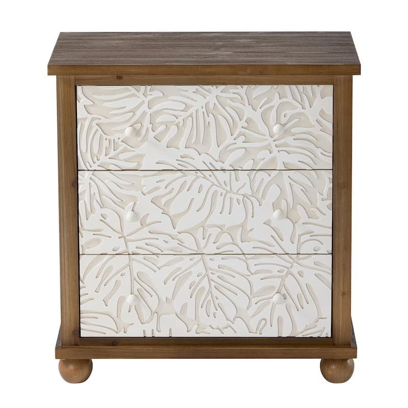 COZAYH Rustic Farmhouse 3-Drawer Nightstand with Leaves Pattern Carved, Vintage French Country Dresser Chest Accent Cabinet