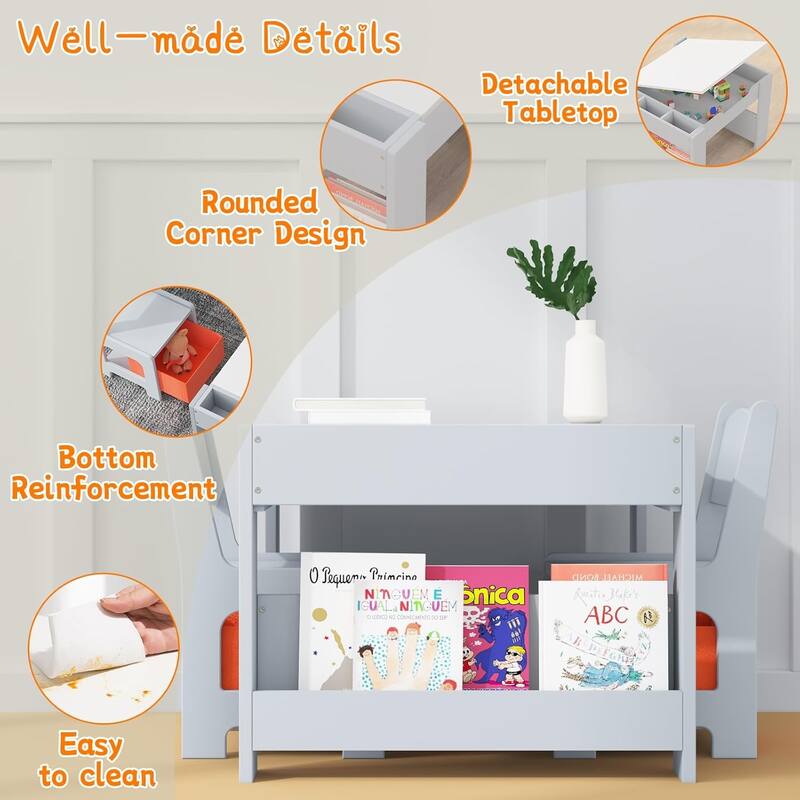Kids Table and Chair Set, 4 in 1 Wooden Activity Table & 2 Chairs with Storage Drawer