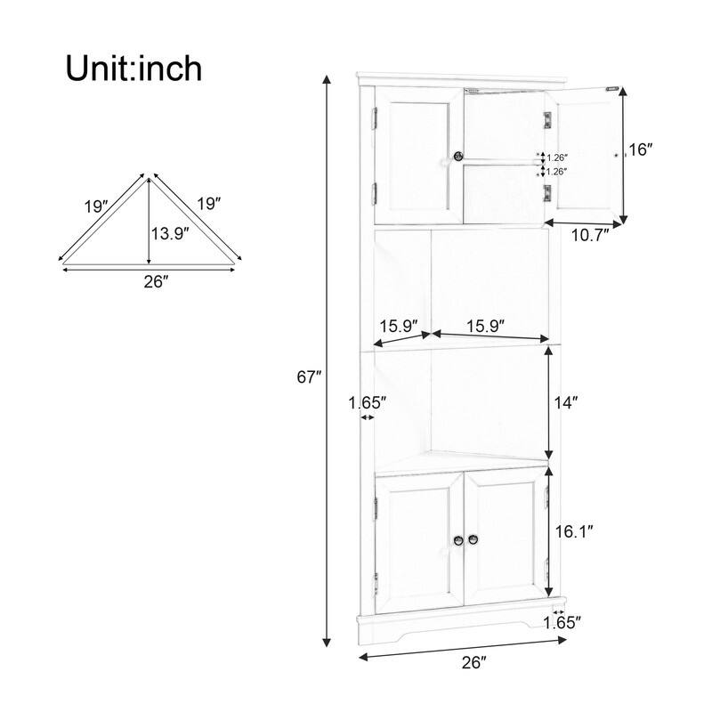 White Tall Bathroom Corner Storage with Doors and