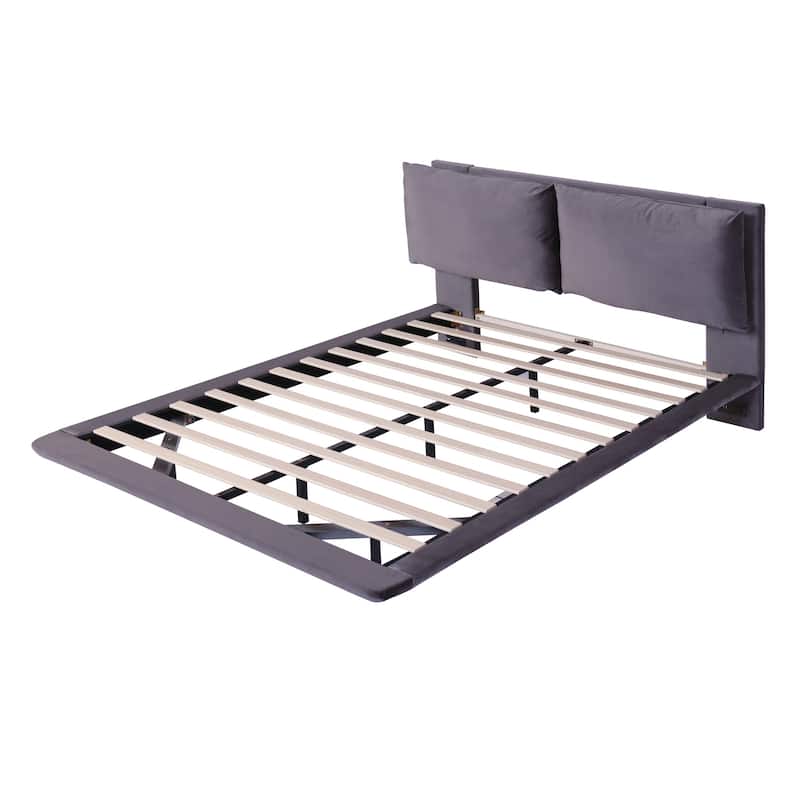 Queen Size Upholstered Platform Bed with Sensor Lights, USB Ports, and Floating Design, Stylish Bed with Large Backrests