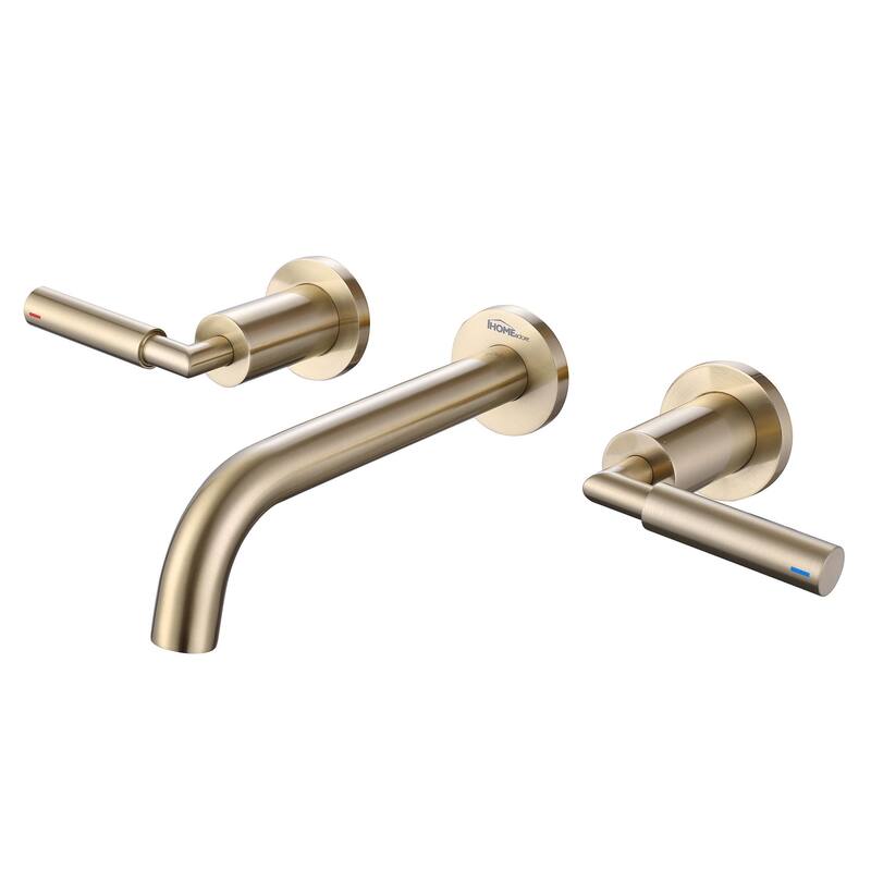 Brushed Gold Round Double Handle Wall Bathroom Faucet