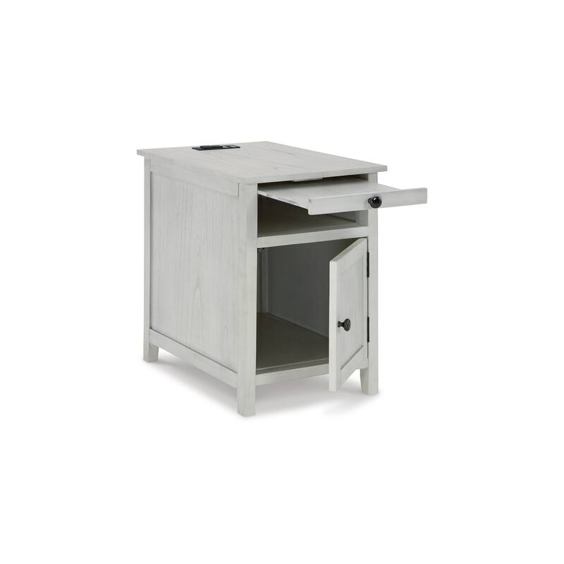 Gena Side End Table, Shelf and Pull Out Tray, White Solid Wood 24 Inch