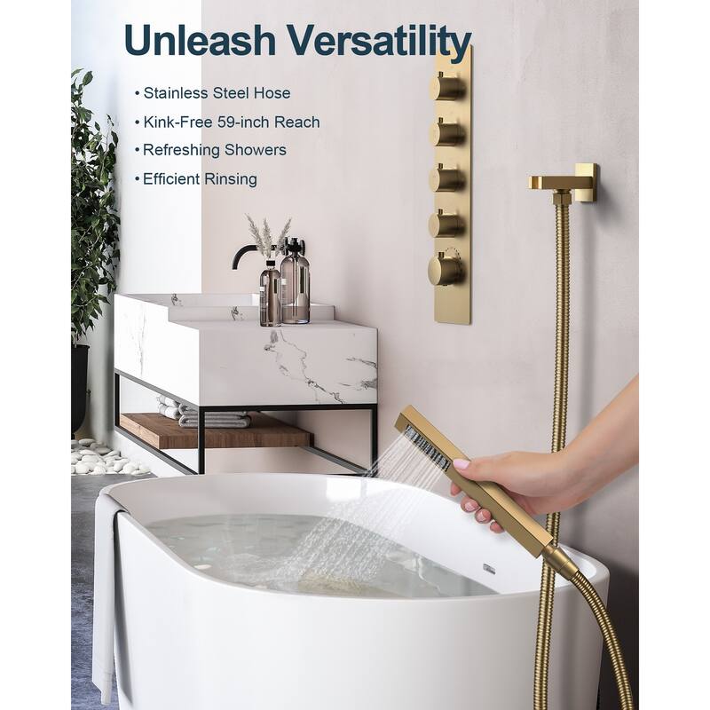 GRANDJOY Thermostatic Shower System 20" Ceiling Mount Shower Head Handheld Spray and Body Jets Combo LED Music