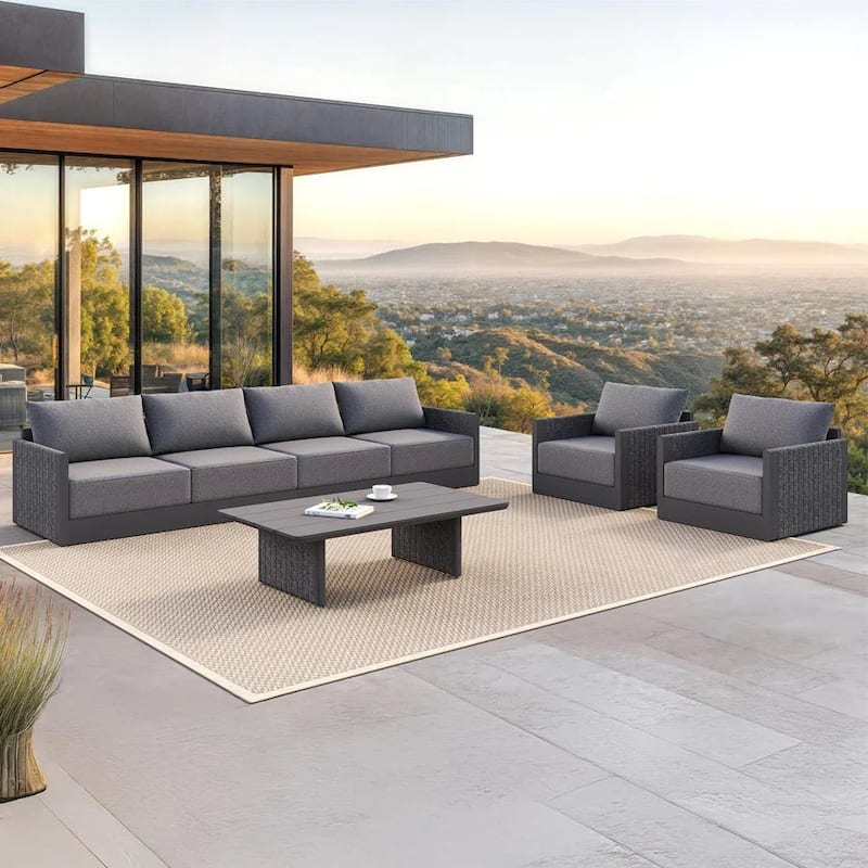 PURPLE LEAF Sanori Patio Conversation Set with Grey Ottoman and Cushion Patio Sofas Sectional Set for Poolside Graden - 6+1-Piece