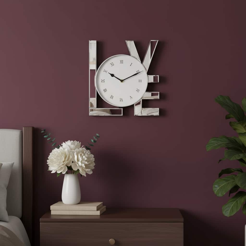 HomeRoots 11" Silver Mirrored Glass Love Wall Clock - 11.02 in. x 11.81 in. x 1.38 in.