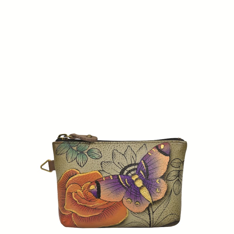 Handpainted Leather Ladies Coin pouch - Floral Paradise Tan