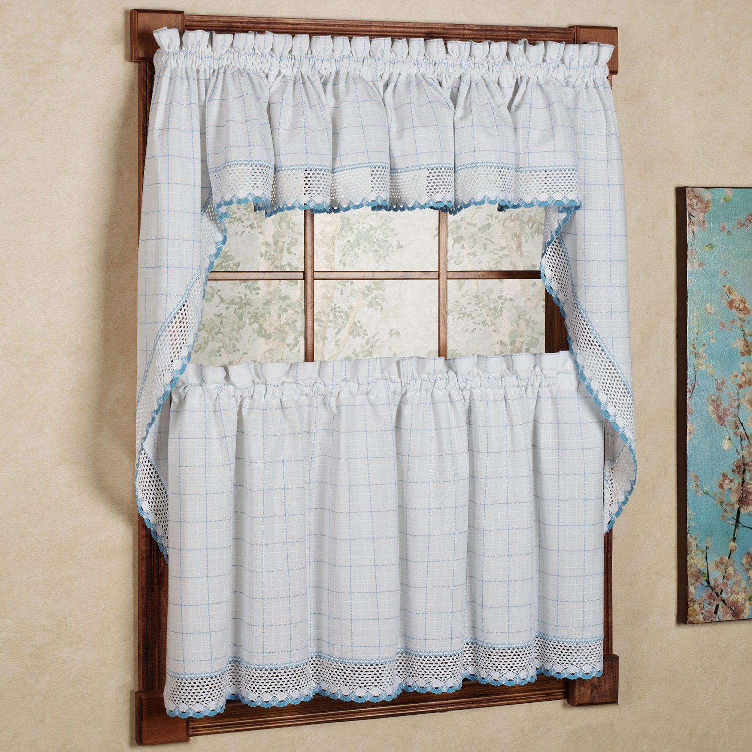 Cotton Classic White Blue Window Pane Pattern and Crotchet Trim Tiers Swags and Valance Options