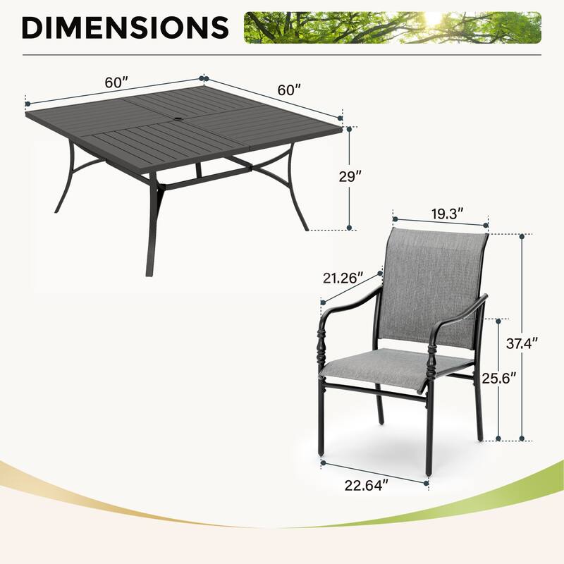 MAISON ARTS 9-Piece Patio Dining Set with Square/Rectangular Metal Table and 8 Gourd Head Shape Armrest Dining Chairs