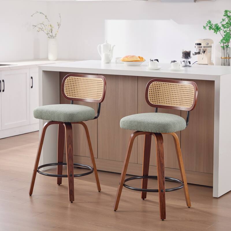 Roomfitters Upholstered Swivel Bar Stools Set of 2 with Rattan Back and Wood Legs, Modern Counter Height Dining Chairs