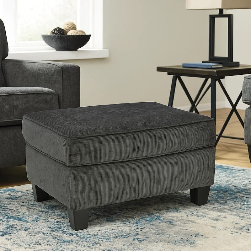 Erin Ottoman with Corner Block Frame, 33 Inch Dark Gray Polyester