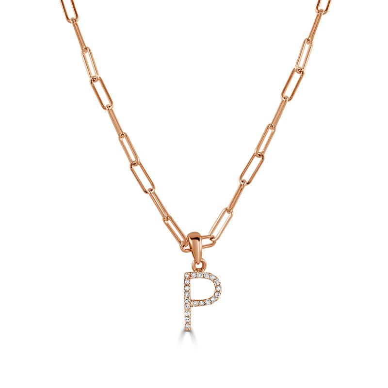 Joelle Collection Diamond Initial Letter Necklace Paperclip 14K Gold 16-inch Chain 1/10 TDW Necklace - P - Rose