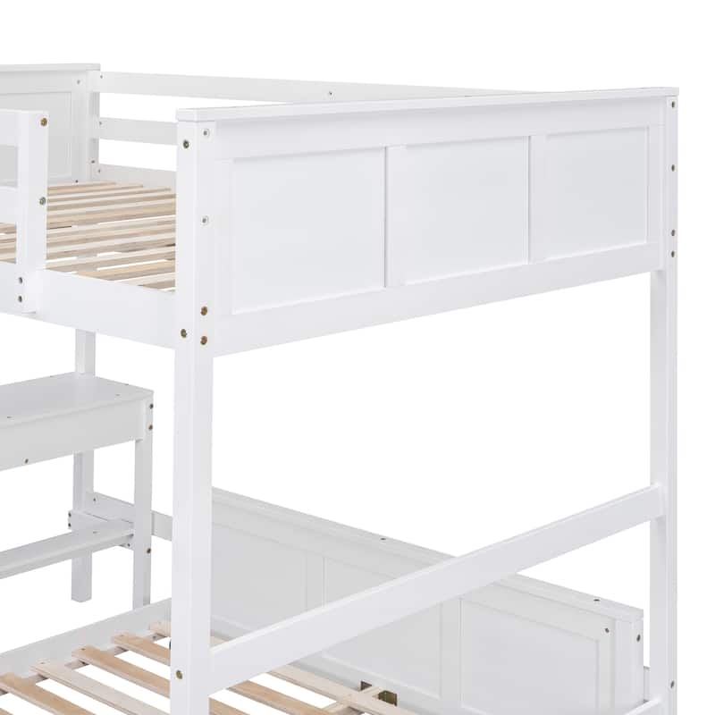 Full Over Full Bunk Bed, Platform Bed with Wheels, Loft Bed with Built-in Desk, Drawers, Ladder and Guardrail for Kids, Teen