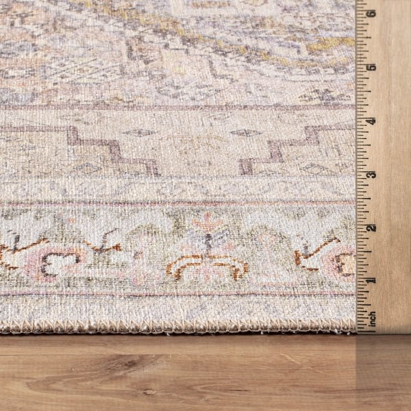 dimension image slide 4 of 36, Medallion Flat Pile Washable Rug – Pet Friendly, Non-Slip, Perfect for Entryway, Living Room, and Bedroom