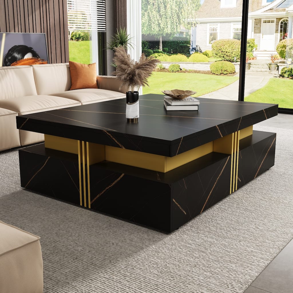 Roomfitters Modern Square Coffee Table, 4 Hidden Storage Compartments with Gold Accents, Contemporary Living Room Center Table