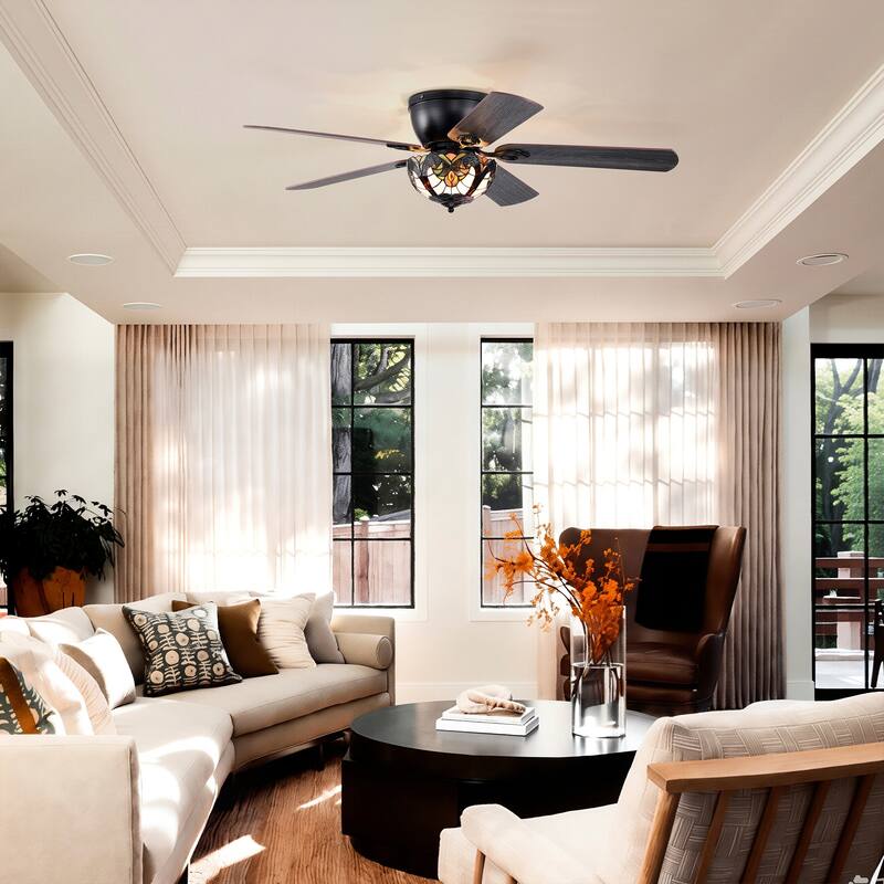 Apgrie 52-Inch Flushmount Lighted Ceiling Fan Warm Tones Tiffany Glass Lamp Black Finish