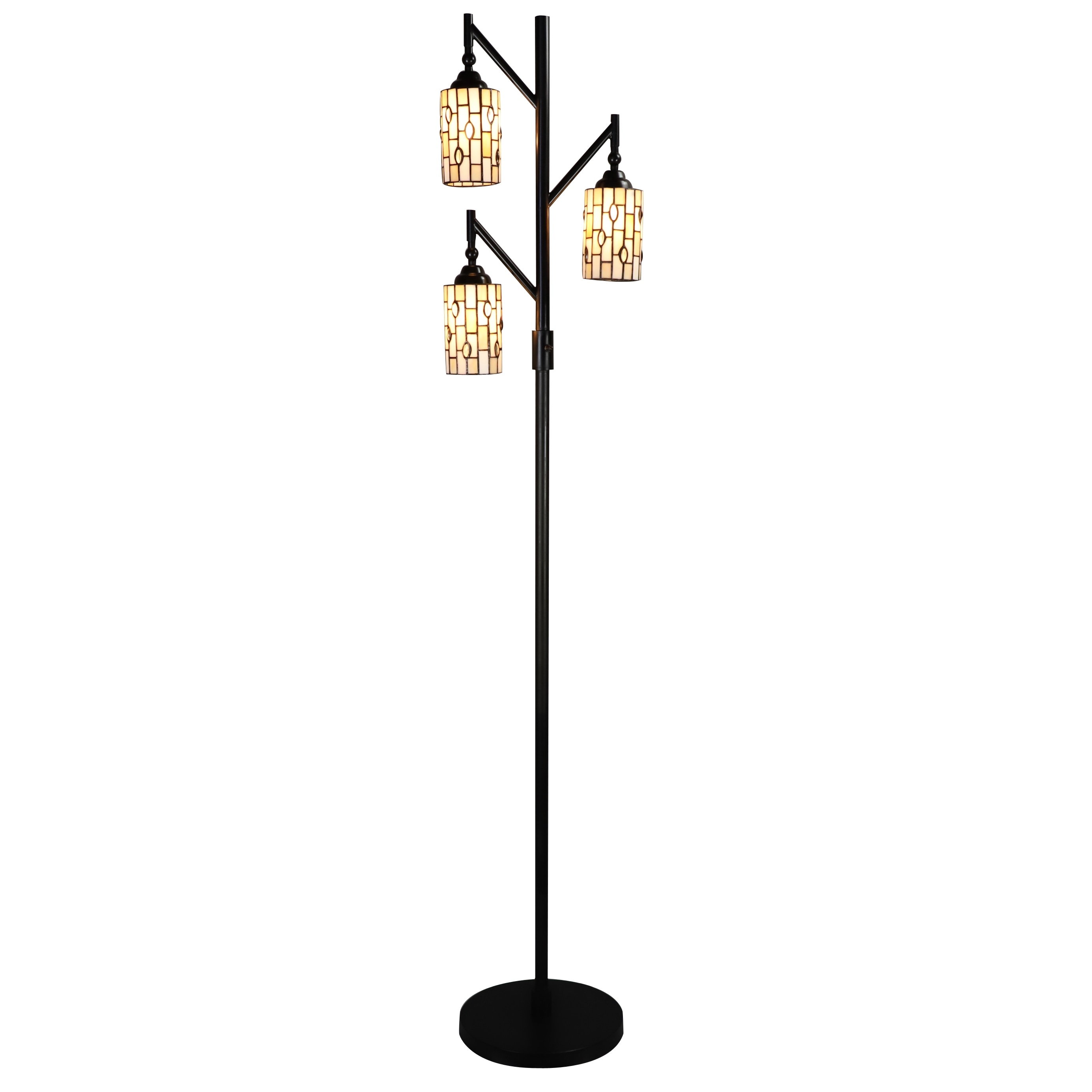 Warehouse of Tiffany Bonnie Three Lamp Tree Floor Lamp Ivory Tiffany Glass Shades Coffee Gold Metal Base