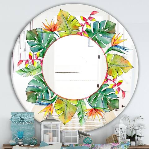 Designart 'Tropical HawaII Leaves In A Watercolor Style.' Cabin and Lodge Mirror - Oval or Round Decorative Mirror