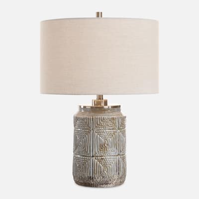 Intricate Etched Ceramic Table Lamp with Drum Shade - 24.5" - Gray