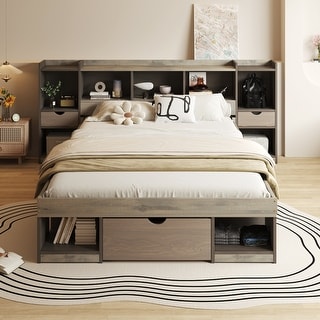 Queen Size Solid Pine Wood Platform Kids Bed Frame with Multi-Storage Headboard, Large Drawer, and Open Shelves, Grey