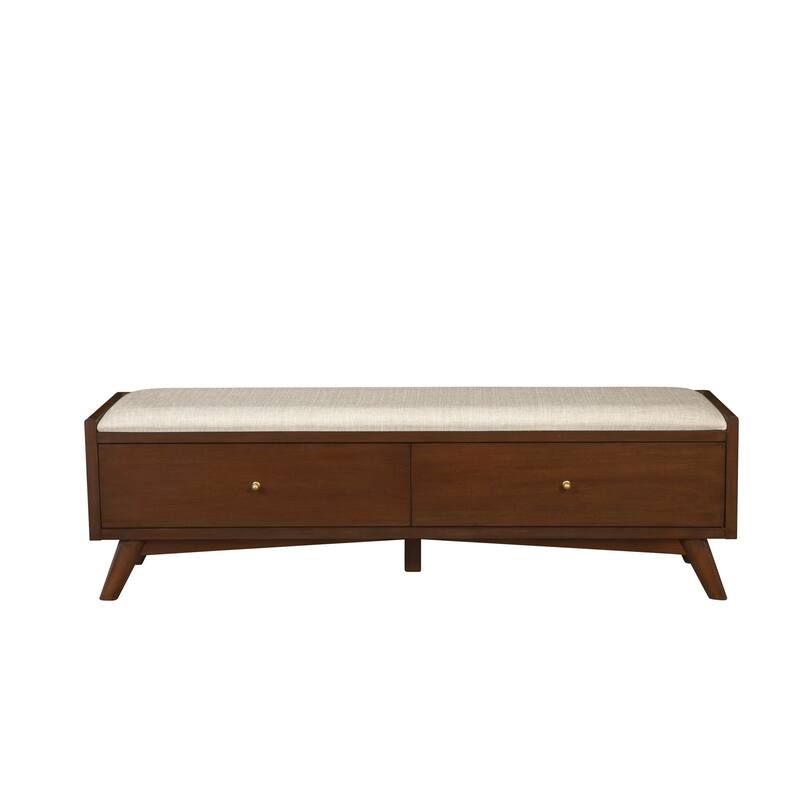 Ian 59 Inch 2 Drawer Accent Bench, Beige Seat, Mahogany Wood, Walnut Brown
