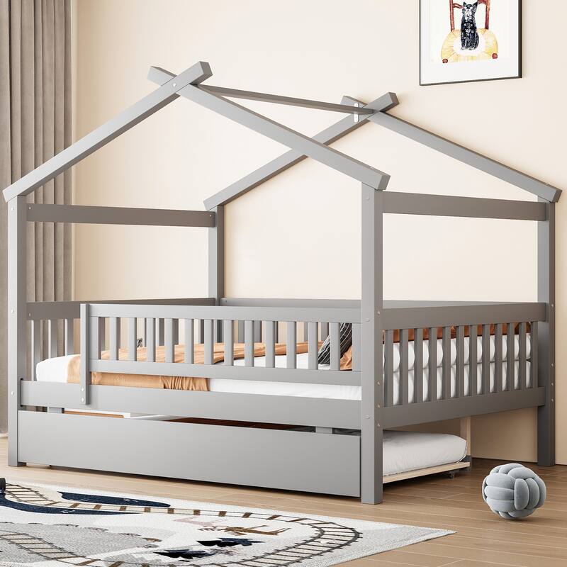 Montessori Bed House Bed with Trundle Bed and Headboard, Wood Daybed Platform Bed Frame No Box Spring Needed for Boys Girls