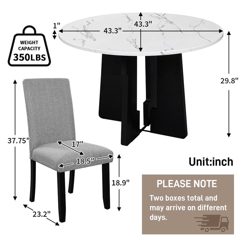 5-Piece Round Dining Table Set, 43-Inch MDF Table with 4 Upholstered Chairs for Kitchen, Dining Room, Living Room