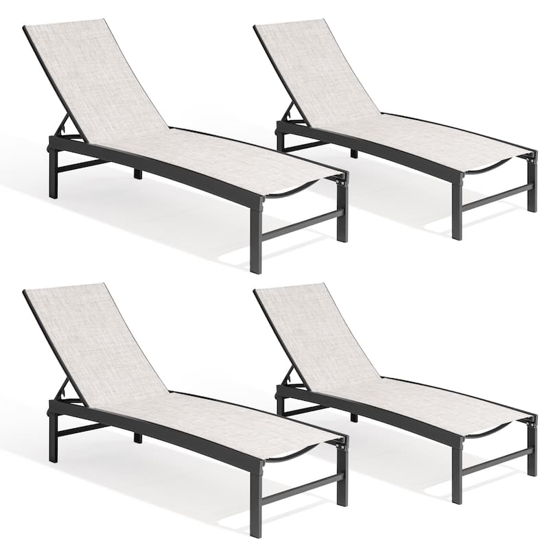 Outdoor Pool Lounger Aluminum All-weather Adjustable Chaise Lounge Chair - See Picture - Earth Fabric, Dark Grey Frame - Set of 4